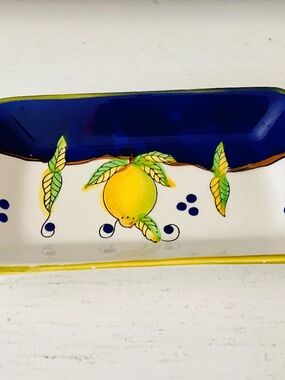 Positano Italian Hand Painted Ceramic Butter Dish Kitchen Decor Lemons Blue Wht